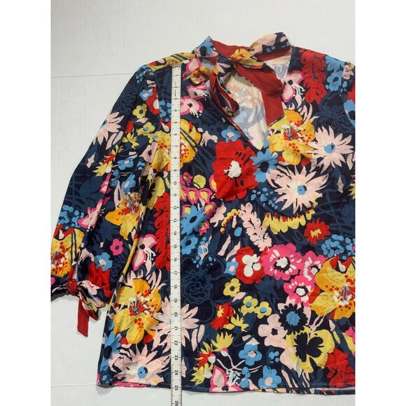 ModCloth Gleeful Again Tie Neck Blouse Womens Large Blue Floral Retro Office - Picture 10 of 11